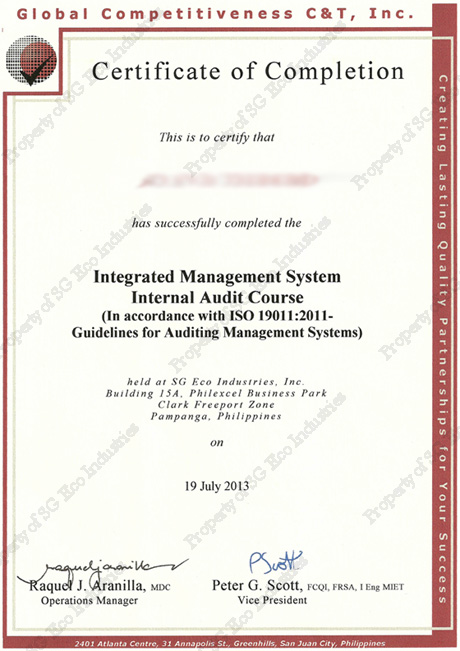 ISO Internal Auditors Certificate ISO Internal Auditors Certificate